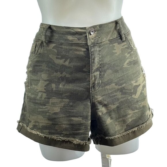 VANILLASTAR Women's Shorts Green Camouflage Mid Rise Cotton Pockets Zip Size 17 - Picture 13 of 13